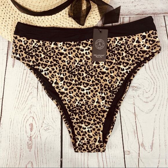Relleciga Medium Swim Bikini Bottoms Leopard Print High-Cut Stretch Multi New - Picture 1 of 5
